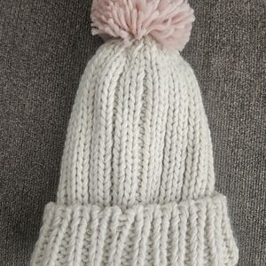 Kids Cream Knit Pom Beanie with Pink Pom